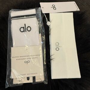 ALO Yoga White Crew Socks and white headband